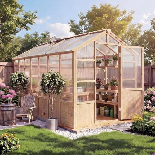 8x14 ft Wooden Walk-in Polycarbonate Greenhouse, Lockable Door, Brown