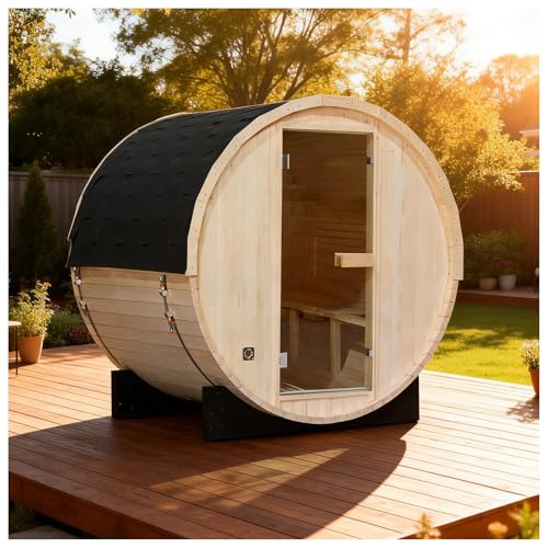 amocane Outdoor Barrel Steam Sauna 2 Person, Canadian Spruce Wooden Saunas Room for Home, Traditional Backyard Spa with 4.5KW Toule Heater, Rocks, Bucket, Waterproof System (70.87”x 47.24”x 70.87”)