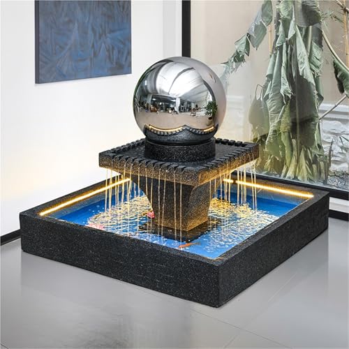 Outdoor Water Fountain with Stainless Steel Sphere – 140cm x 140cm Modern Square Water Fountain Water Feature with Pool, Garden Decor,Outdoor Waterfall(81089B Silver)