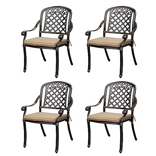 Sumshadow 4-PCS Cast Aluminum Patio Dining Chairs, All Weather Patio Bistro Dining Chairs Set of 4 with Armrests & Cushions, Stackable Patio Dining Chairs for Garden, Balcony, Deck, Bronze