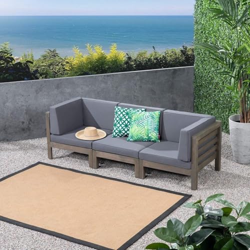 WEALTHKING 3-Piece Outdoor Modular Sofa Set with Twin Sectional End Pieces and Armless Component – Configurable Design for Small Yards, Urban Apartments (Dark Gray + Acacia Wood)