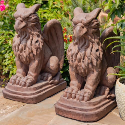 Zaer Ltd. Set of 2 Garden Griffin Statues, Magnesium-Cement Sculptures, 28.3" H Outdoor Entrance Decor (Antique Rust)