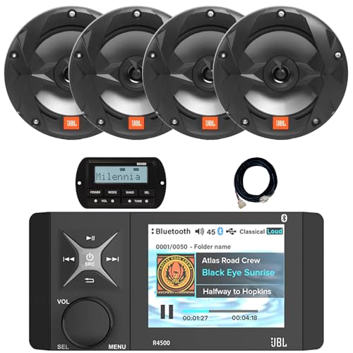 Enrock Marine 4" Color LCD Display Marine Bluetooth Stereo Receiver with Wired Remote & 20-Foot Extension Cable, 4x 6.5" 225W Black Speakers