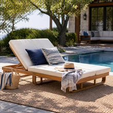 Christopher Knight Home Double Acacia Wood Chaise Lounge with Dual Adjustable Backrests, Patio Outdoor Chaise Lounge with Cushions, Wooden Sunbathing Pool Lounger, 1Pcs Set, Natural+Beige