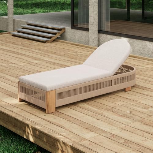 callmego Woven Rattan Outdoor Coffee Table with Solid Acacia Wood Top – Stylish Patio Furniture for Balcony, Garden, and Yard Use (Teak+ Beige + Acacia Wood + Rope + Waterproof Fabric)