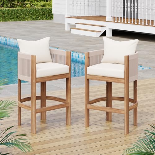 Merax Outdoor Bar Stools Set of 2, Rope Rattan Patio Barstools with Footrest and Cozy Cushions, Outdoor Acacia Wood Counter Height Bar Stools for Garden Backyard Pool Bar Chairs, Beige