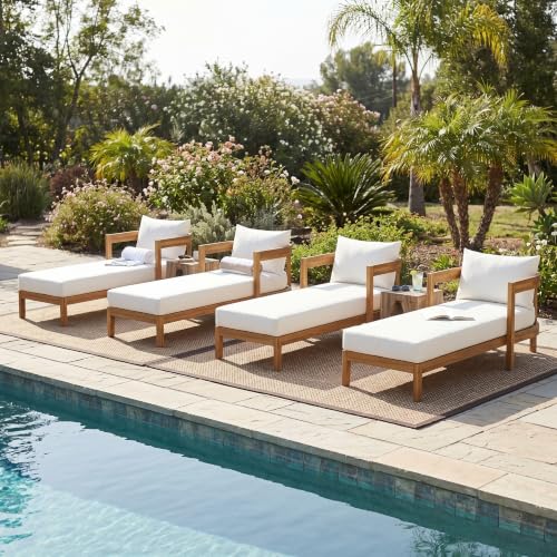 Christopher Knight Home Tila Acacia Wood Chaise Lounge Chair Outdoor Set of 4 with Removable Cushion, Solid Wood Patio Chaise Lounge with Cushion, Outdoor Sun Lounger, Poolside Seating, Teak+Beige