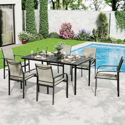 GAOMON Patio Dining Set 7 PCS, 6 Stable Outdoor Dining Chairs with Rectangular Dining Table, Patio Table and Chairs Set for Lawn,Deck and Backyard, Beige