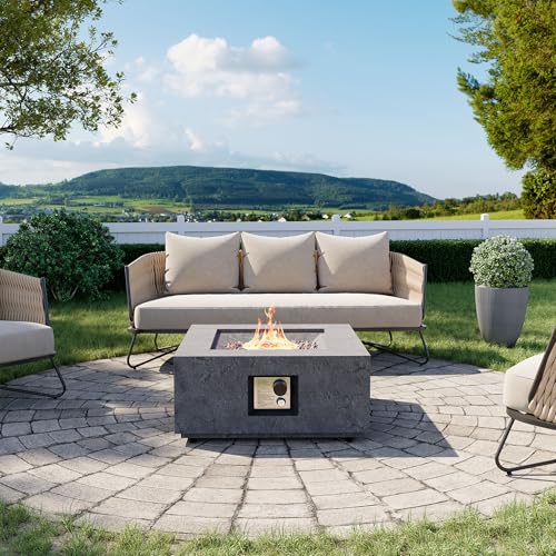 Cosiest Propane Fire Pit for Outside, 28 in Square Gas Fire Pits for Outdoor Patio, Certified, 50000 BTU Concrete Rectangle Base with Rain Cover, Free Lava Rocks