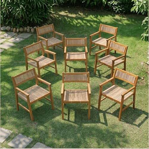 NTC Terra 8 Pieces Solid Wood Armchairs with Handwoven Rope Seat & Back, Indoor & Outdoor Dining Chairs for Patio Dining Sets, Modern Patio Chairs with Arms, Easy Assembly, Natural