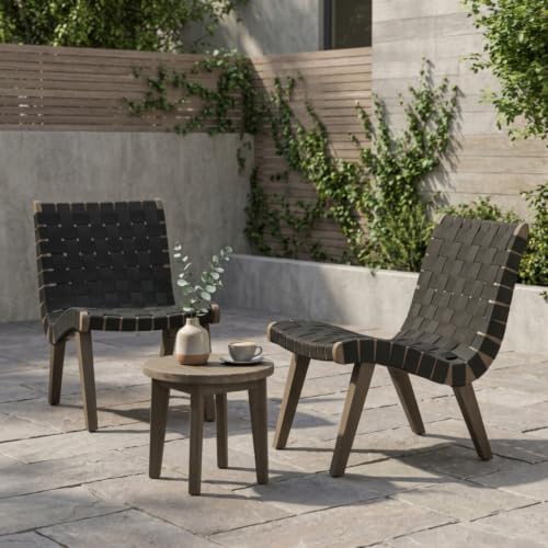 Hassyee 3 Pieces Outdoor Acacia Wood Bistro Set with Round Side Table and Rope Weave Design for Poolside, Lawn, Patio Furniture Set with Non-Slip Foot Pads for Backyard, Balcony