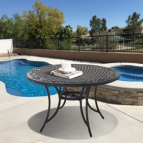Round Casting Patio Dining Table with Umbrella Hole Brown Modern Contemporary Bronze Finish