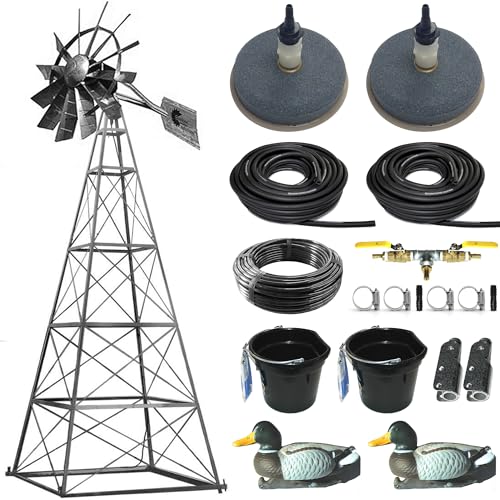 Outdoor Water Solutions 20 Ft. Windmill Deluxe Aeration System – 4-Legged Steel Tower Kit for Large Pond Oxygenation, Fish Safety, Wind Powered Aerator with Tubing & Diffusers
