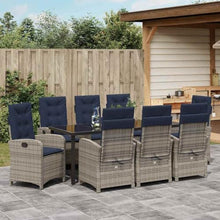LKJVFCPW 9-Piece Poly Rattan Garden Dining Set, Outdoor Patio Furniture with Adjustable Backrest Chairs and Glass Table, Grey