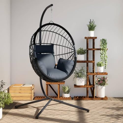 Hanging Egg Chair with Stand, Anthracite Rattan Swing Hammock Chair for Indoor and Outdoor, Sturdy Steel Frame with Comfortable Cushions