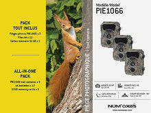 NUM'AXES All Inclusive Pack 3 x PIE1066-3 Outdoor Photo Traps PIE1066 + 12 AA Batteries + 3 Memory Cards 32 GB