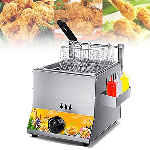 EliteBloom Commercial Gas Fryer,Stainless Steel Fat Fryer,with Basket and Lid,Freestanding Temperature Control,for Restaurant Home Fries Chip,6L+6L,6L