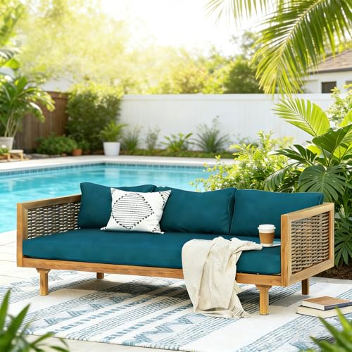 BAIESTWANG Teal Outdoor Daybed 3 Seater Acacia Wood & Rattan Arms, Patio Garden Lounge Bed with Slat Paneling, Water-Resistant Cushions 68” Wide, Backyard