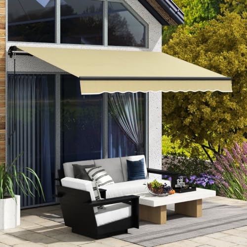 10' X 8' Manual Retractable Awning, Patio Sunshade with 280gsm Fabric, Aluminum Frame, Beige for Deck, Balcony, Yard Balcony Sun Shelter Crank,