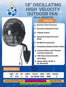 mistcooling Outdoor Fan - Wall Mount Fan - Misting Fan | Patio Misting, Restaurant Patio misting, Warehouse Cooling | Oscillating Fan - Stainless Steel Misting Fan Ring & Nozzles Included