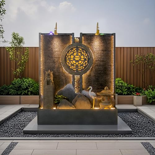 Indoor Outdoor Resin Zen Fountain Wall with LED Lights, Large Water Feature with Circular Design, Landscape Decor with Pump, for Garden, Entryway & Living Room,Spa(Stone Lion)