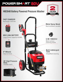 PowerSmart 80V 2600PSI Cordless Electric Pressure Washer, 6.0AH Battery Charger 1.2GPM, Battery Powered Electric Power Washer with 35FT Hose Reel, 27FT Hose, 5in1 Nozzle Set, Onboard Soap Tank