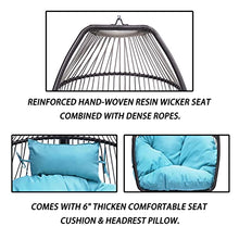 Hanging Rope Swing Seat Patio Wicker Folding Hanging Chair with Cushion and Pillow Rattan Swing Hammock Egg Chair with X Type Base and C Type Bracket for Indoor/Outdoor(Black+Blue)