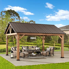 Sunjoy Wood Gazebo 13x15 ft Premium Cedar Frame with Brown Steel Hardtop Roof Brown + Natural Wood