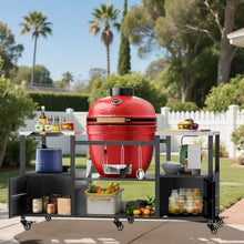 Heavy-Duty Outdoor Grill Cart for Kamado Style BBQ Grills, Steel Barbecue Table with Tool Storage Shelf and Wheels (Black + Silver + Metal + Stainless Steel)
