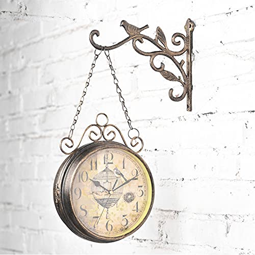 Outdoor Garden Wall Clock, Double Sided Station Wall Clock Antique-Look Bracket Garden Clock Waterproof Outdoor Clock Indoor Outdoor Decoration