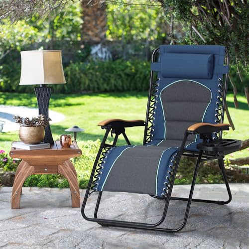 MAISON ARTS Oversized XXL Padded Zero Gravity Lounge Chair 30" Wide Seat Anti Gravity Lawn Chair Foldable Recliner Outdoor Camp Chair for Poolside Backyard Beach, Support 400lbs, Blue & Grey