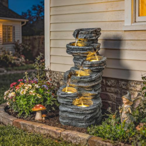 Outsunny 40" 6-Tier Tall Outdoor Waterfall Fountain w/LED Lights, Pump Gray