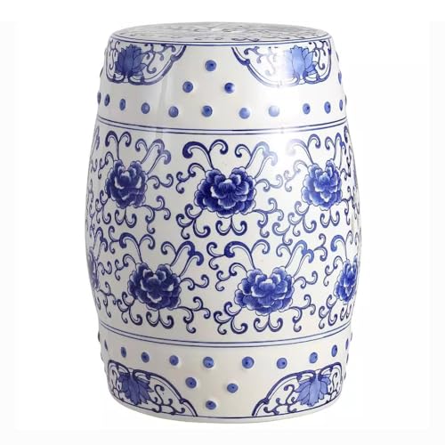 TT-YEL 17.8 Inch Decorative Ceramic Garden Stool, Blue and White Porcelain Glazed Shoe Changing Stool, Drum Shaped Antique Side Table Flower Stand, Multi-Purpose,B