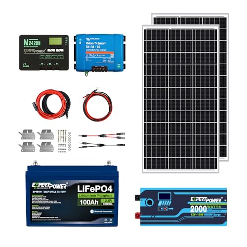 ExpertPower 1.3KWH 12V Solar Panel Kit | LiFePO4 12V 100Ah, 200W Mono Panels, 20A MPPT Solar Controller, 30A DC-DC Charger, 2KW Pure Sine Wave Inverter Charger | RV, Trailer, Camper, Marine, Off Grid