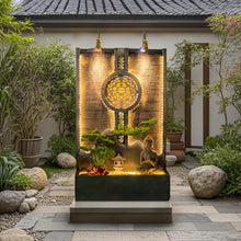 Indoor Outdoor Resin Zen Fountain Wall with LED Lights, Large Water Feature with Circular Design, Landscape Decor with Pump, for Garden, Entryway & Living Room,Spa(Rockery Mountain)(Buddha)