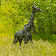 Zaer Ltd. 9 Ft Tall Mommy & 7 Ft Tall Baby Giraffe Iron Garden Statues Metallic Black and Silver