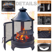 2-in-1 Fire Pit with Grill, Outdoor Chiminea Fireplace for Patio Backyard, Retro Look, 360° Sparks Protection Net, 3-Level Adjustable Grill, Stable Tripod