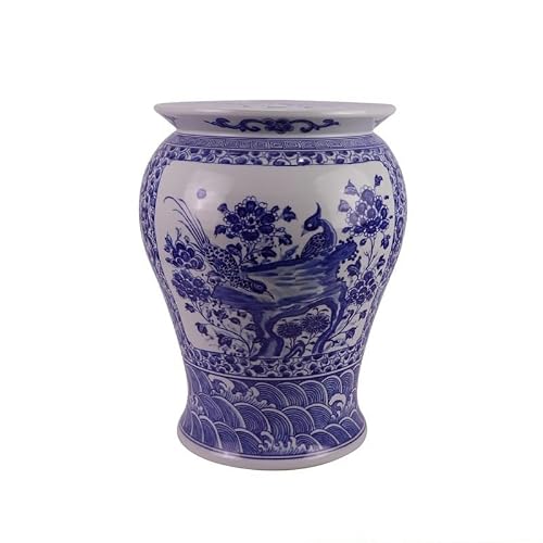 LINKIO Garden Stool Antique Blue and White Twining Lotus Decorative Garden Stool - Hand-Painted Hollow Drum Stool for Outdoor and Indoor Use Ottomans(E)