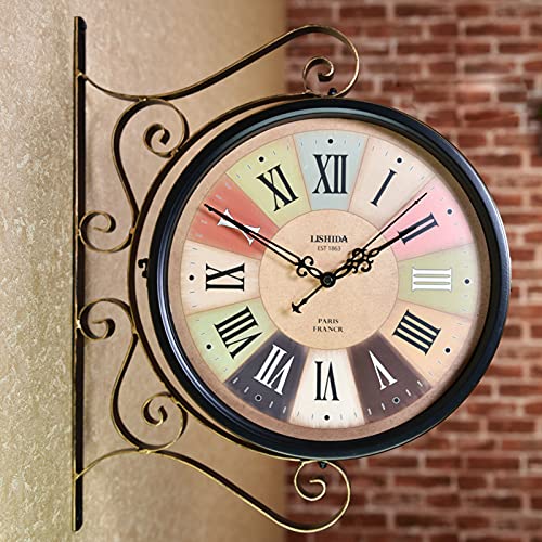 EHVYBDX Outdoor Garden Wall Clock, Wrought Iron Retro Double Sided Station Clock Garden Clock,Rotation Waterproof Outdoor Clock Decoration Outside Clock Decorative