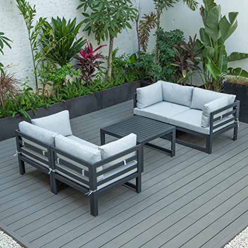 LeisureMod Chelsea Outdoor Patio 5-Piece Sectional Loveseat and Coffee Table Set with Cushions (Light Grey)
