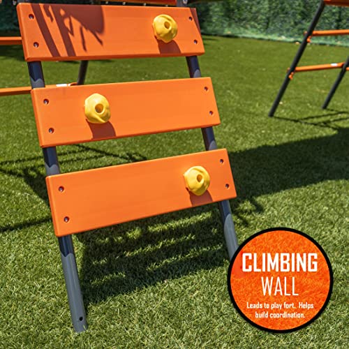 Jungle Warrior Anaconda Metal Swing Set with Saucer & Sling Swings, Rock Wall, 5ft Slide Orange/Green/Grey