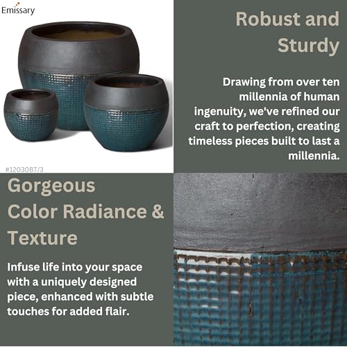 Emissary Matte Black/Teal Stoneware Round Planters Set of 3