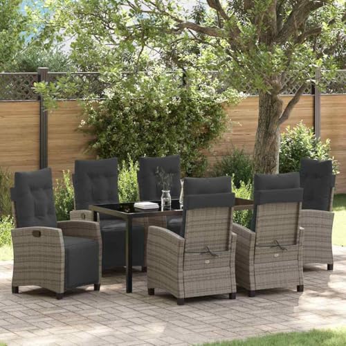 FUDUGEHMIOFWFJJ 7 Piece Grey Poly Rattan Garden Dining Set with Cushions, Modern Outdoor Patio Furniture Set with Adjustable Chairs and Glass Table for Backyard, Terrace, Poolside
