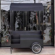 Black Iron Flower Vending Cart with Canopy, Outdoor Display Stand with Wheels,Portable Kiosk Display Trolley, Market Stall for Gardens(160cm)