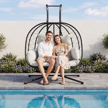 Bifanuo Double Hanging Egg Chair with Stand, Outdoor Indoor Swing Chair with Removable Cushion for 2 Person, Heavy Duty 700LBS Capacity for Patio, Bedroom, Garden (Classic Black-Beige)