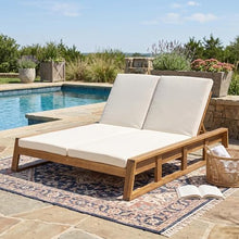 Christopher Knight Home Acacia Wood Outdoor Double Chaise Lounge with Adjustable Backrest Patio Daybed with Thick Cushions for Poolside Backyard Balcony Natural Finish Beige Cushion