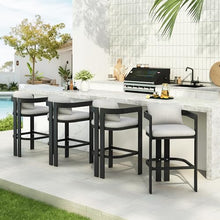 Christopher Knight Home Minxi Outdoor Counter Height Bar Stools Set of 4, Durable Aluminum Bar Stool with Upholstered Seating, Patio Counter Stools with Curved Backrest and Footrest, Black + Grey