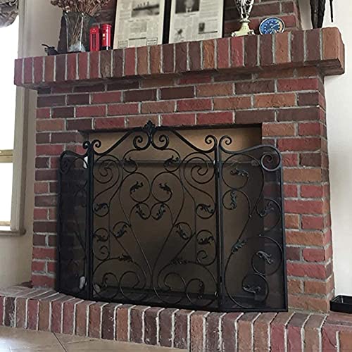 EliteBloom Fireplace Screen Guard,Protection 3-Panel Wrought Iron Fireplace Safety Screen Decor Scrollguard Cover, Black, 91.5Cm/36Inch Height,
