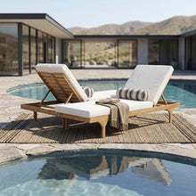Christopher Knight Home Acacia Wood Chaise Lounge Chair Set of 2, Double/Single Outdoor Sunbathing Pool Lounger with 4'' Cushion, Patio Wooden Adjustable Backrest Lounge Sofa, Teak+Cream