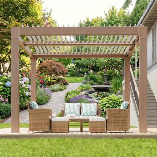 Garvee Aluminum Louvered Pergola, Adjustable 0°-90° Roof with Hand Crank, Reinforced Rust-Resistant Frame, Integrated Drainage, Modern Hardtop Outdoor Shade for Patio, Deck, Backyard